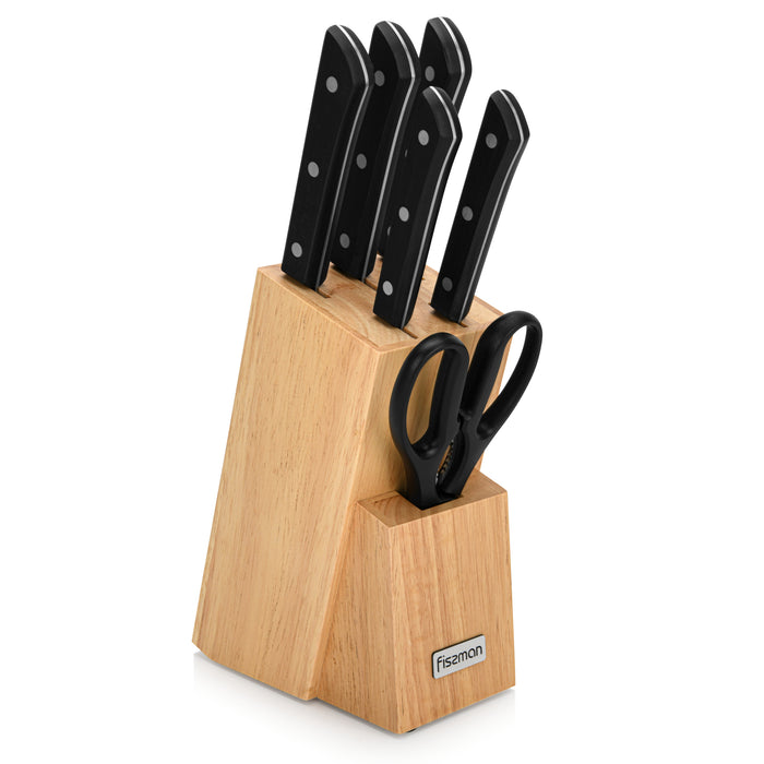 7-Piece Knife Set Kanematsu with Wooden Block X30Cr13 Steel, Chef Knife 20cm, Slicing Knife 20cm,Bread Knife 20cm,Utility Knife 13cm,Pairing Knife 9cm,MultiFunctional Scissor 20cm