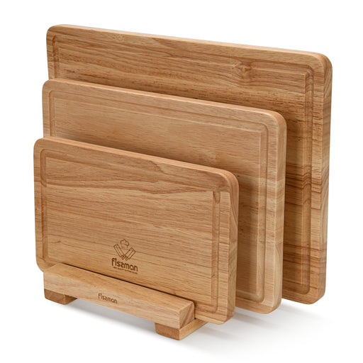 3-Piece Cutting Boards 35cm, 30cm, 25cm With Stand Rubber Wood