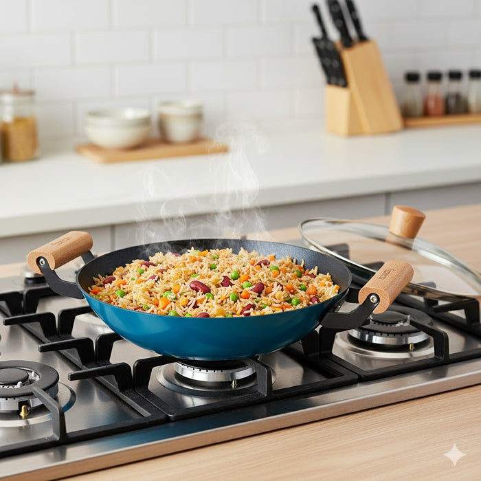 Wok Seagreen 28cm/4LTR with Glass Lid Enamelled Lightweight Cast Iron