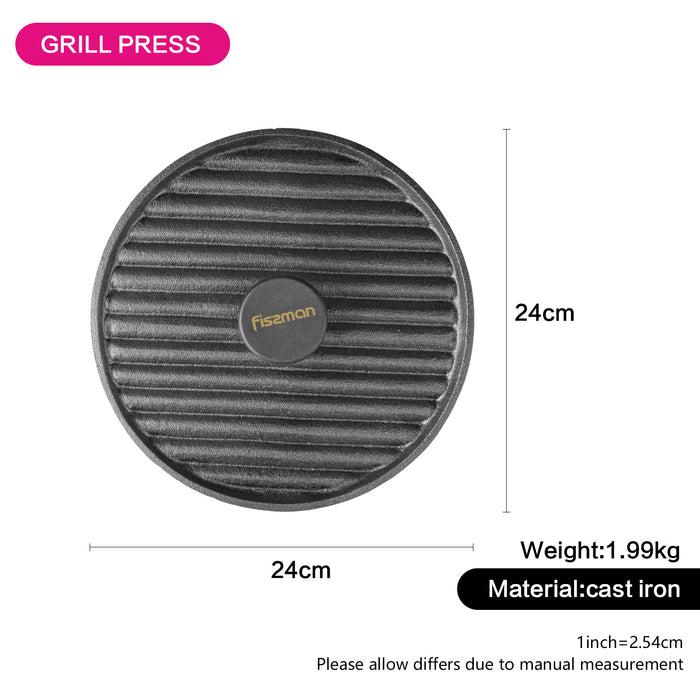Round Grill Press 24cm with Bakelite Knob Cast Iron