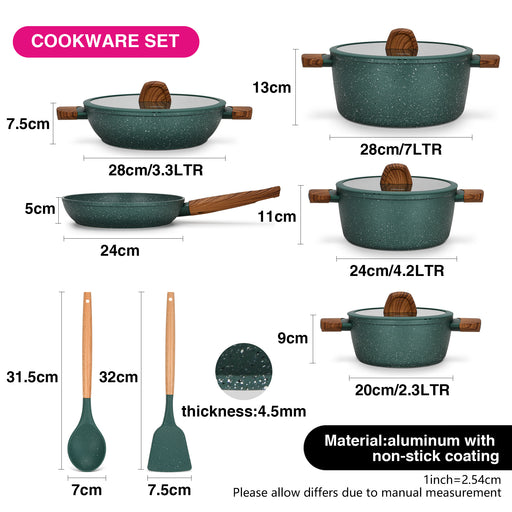 11-Piece Cookware Set Falak Aluminum with Non-Stick Coating Stockpot 20cm,24cm,28cm, Shallow Casserole 28cm, Frying Pan 24cm + Cooking Spoon And Turner