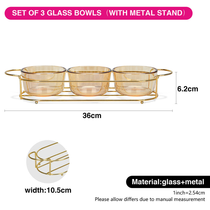 3-Piece Glass Bowl with Metal Stand 9.7x5.3cm, 240ml/36x10.4x5.7cm