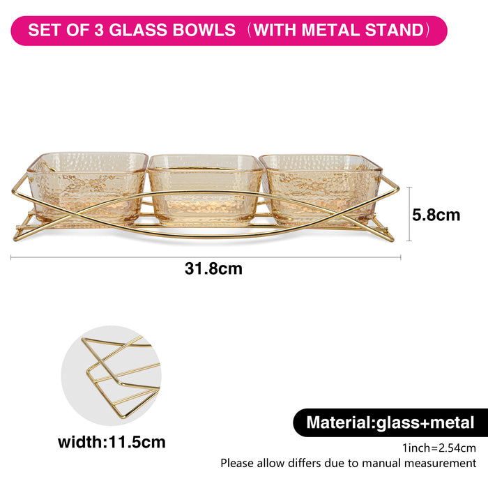 3-Piece Glass Bowl with Metal Stand 9.9x9.9x5cm 280ml/31.8x11.6x5.3cm