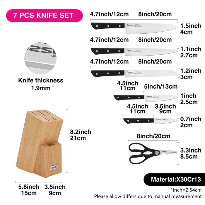 7-Piece Knife Set Kanematsu with Wooden Block X30Cr13 Steel, Chef Knife 20cm, Slicing Knife 20cm,Bread Knife 20cm,Utility Knife 13cm,Pairing Knife 9cm,MultiFunctional Scissor 20cm