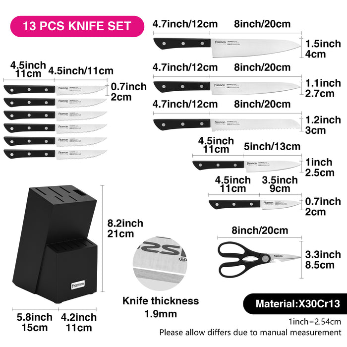 13-Piece Knife Set Yasumoto with Wooden Block Chef Knife 20cm, Slicing Knife 20cm,Bread Knife 20cm,Utility Knife 13cm,Pairing Knife 9cm, Steak Knife, Multi Functional Scissor 20cm