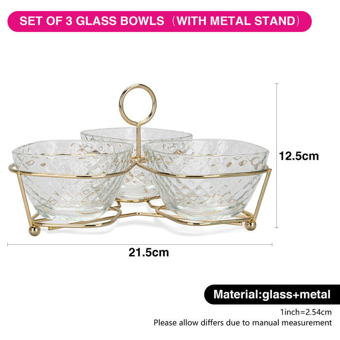 3-Piece Clear Glass Bowl with Metal Stand 280ml/22.1x22.1x13.1cm