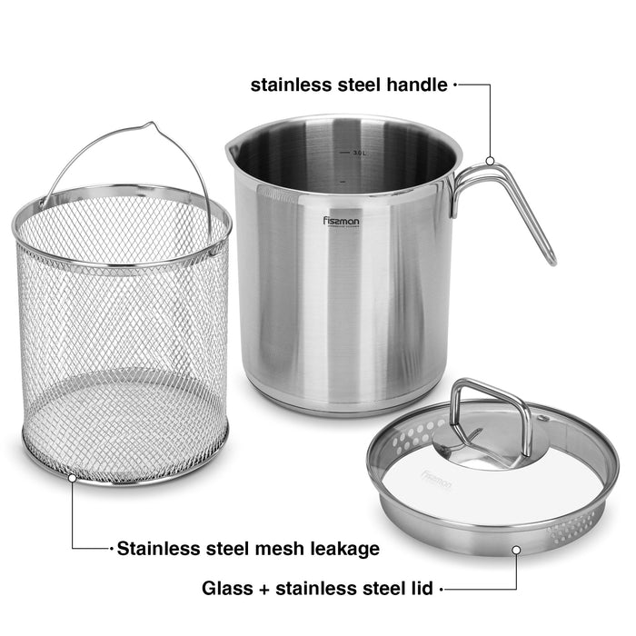 Fissman Stainless Steel Asparagus Pot 16x18.0cm/3.5L with Glass Lid & Steamer Basket Vegetable Boiler