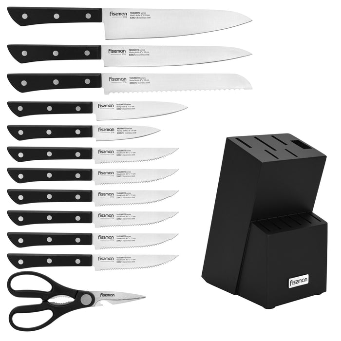 13-Piece Knife Set Yasumoto with Wooden Block Chef Knife 20cm, Slicing Knife 20cm,Bread Knife 20cm,Utility Knife 13cm,Pairing Knife 9cm, Steak Knife, Multi Functional Scissor 20cm