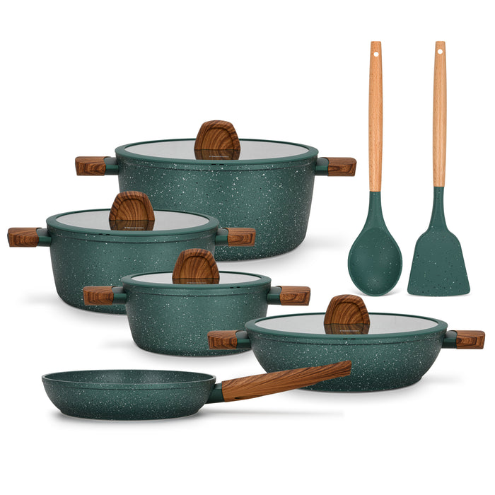 11-Piece Cookware Set Falak Aluminum with Non-Stick Coating Stockpot 20cm,24cm,28cm, Shallow Casserole 28cm, Frying Pan 24cm + Cooking Spoon And Turner