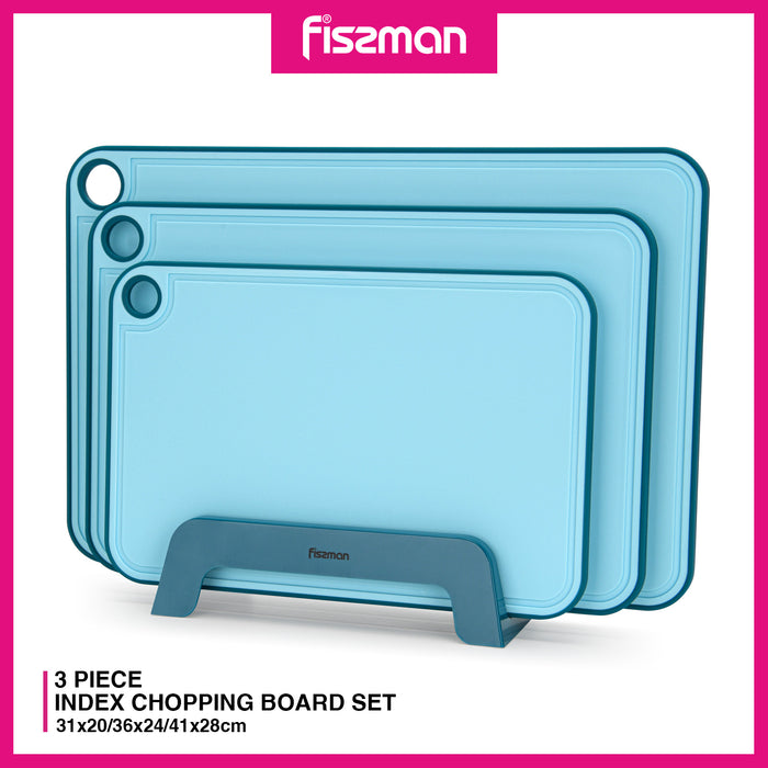 Set of 3 Chopping Boards 41x28 cm. 36x24 cm. 31x20 cm With Holder Blue (Plastic+ TPR)