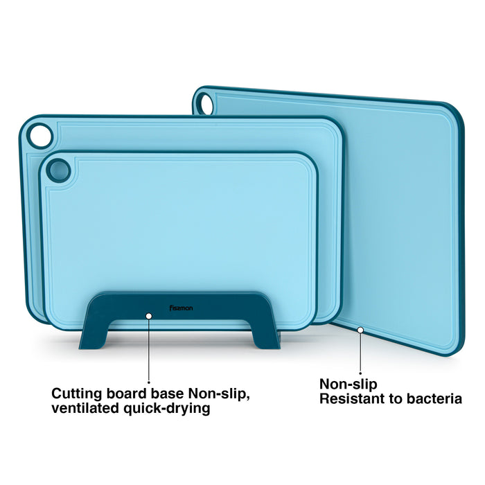 Set of 3 Chopping Boards 41x28 cm. 36x24 cm. 31x20 cm With Holder Blue (Plastic+ TPR)