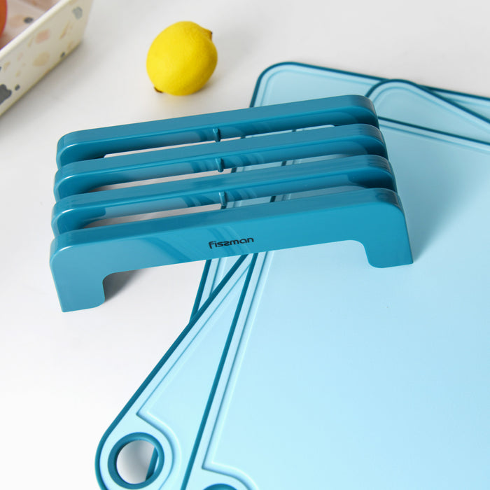 Set of 3 Chopping Boards 41x28 cm. 36x24 cm. 31x20 cm With Holder Blue (Plastic+ TPR)