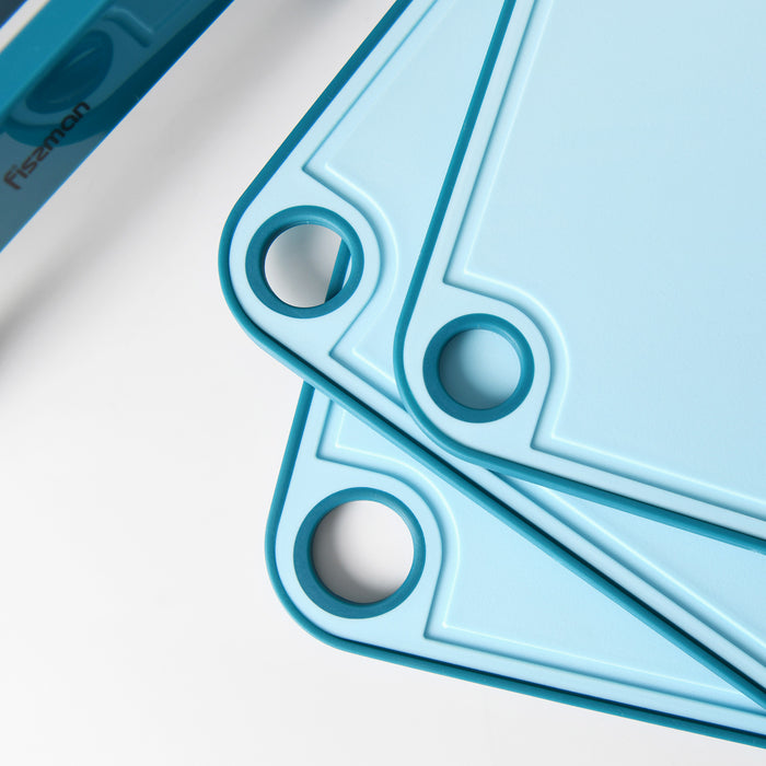 Set of 3 Chopping Boards 41x28 cm. 36x24 cm. 31x20 cm With Holder Blue (Plastic+ TPR)