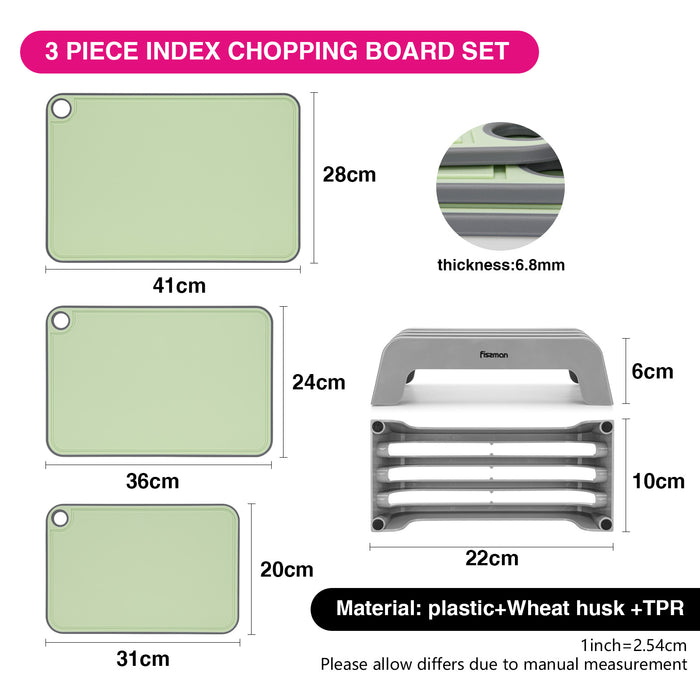 3-Piece Chopping Boards 41x28 cm. 36x24 cm. 31x20 cm With Holder Green (Plastic+ TPR)