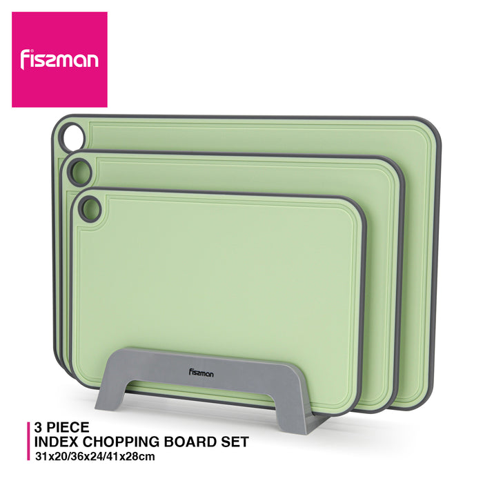 3-Piece Chopping Boards 41x28 cm. 36x24 cm. 31x20 cm With Holder Green (Plastic+ TPR)