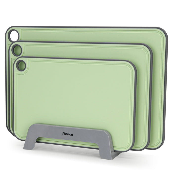 3-Piece Chopping Boards 41x28 cm. 36x24 cm. 31x20 cm With Holder Green (Plastic+ TPR)