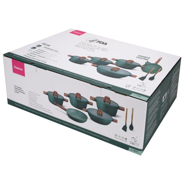 11-Piece Cookware Set Falak Aluminum with Non-Stick Coating Stockpot 20cm,24cm,28cm, Shallow Casserole 28cm, Frying Pan 24cm + Cooking Spoon And Turner