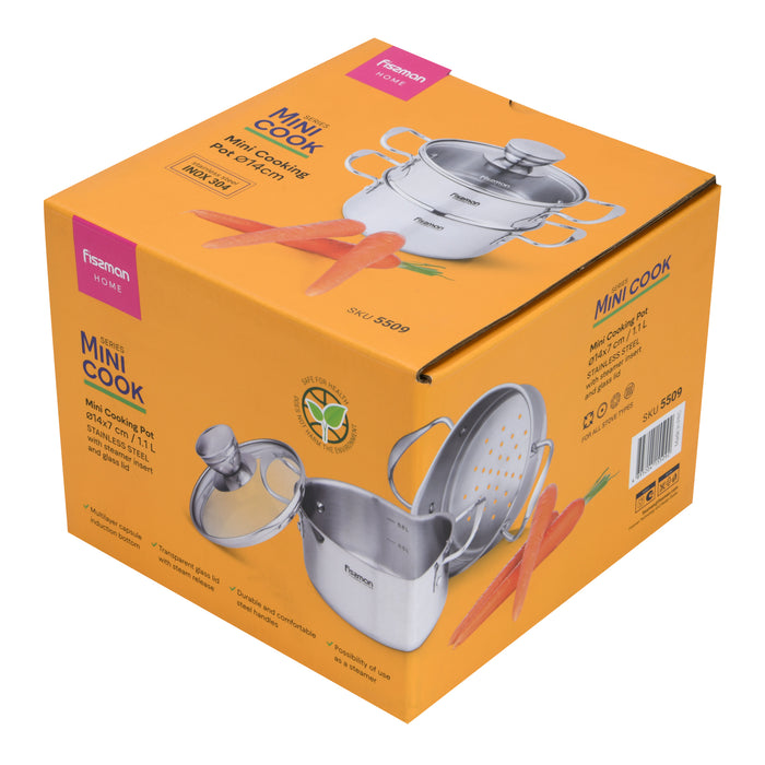 Cooking Pot 1.1L w/Steamer, Stainless Steel Stockpot with Glass Lid 14x7.0cm Mini Cook Series