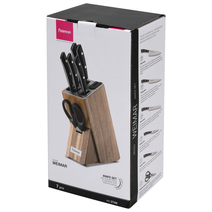 7-Piece Knife Set Weimar with Wooden Block with Built-In Sharpener, Chef Knife 20cm, Slicing Knife 20cm,Bread Knife 20cm,Utility Knife 13cm,Pairing Knife 9cm,MultiFunctional Scissor 20cm