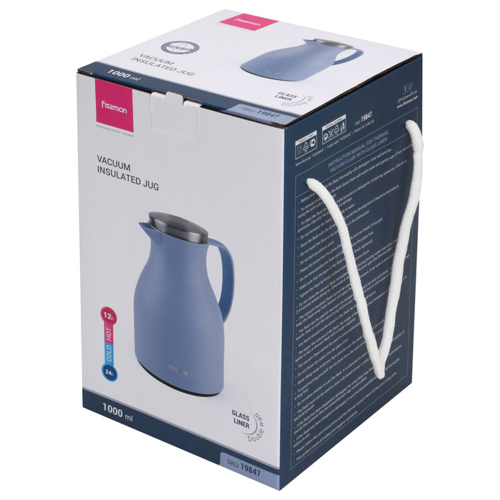 Vacuum Insulated 1000ml Flask with Pink Glass Liner And Push Button