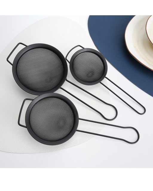 3-Piece Fine Mesh Black Strainer with Hanging Loop Set, 10cm, 12cm, and 14cm