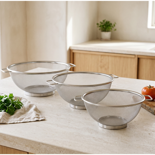 Strainer Sets with Resting Base - 22, 24, 26.5cm - Stainless Steel Colander Strainer with Handle
