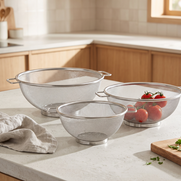 Strainer Sets with Resting Base - 22, 24, 26.5cm - Stainless Steel Colander Strainer with Handle