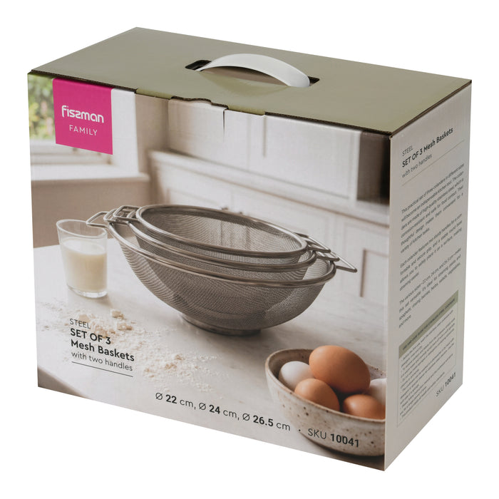 Strainer Sets with Resting Base - 22, 24, 26.5cm - Stainless Steel Colander Strainer with Handle