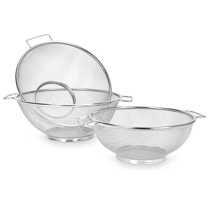 Strainer Sets with Resting Base - 22, 24, 26.5cm - Stainless Steel Colander Strainer with Handle