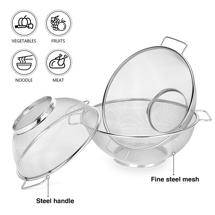 Strainer Sets with Resting Base - 22, 24, 26.5cm - Stainless Steel Colander Strainer with Handle