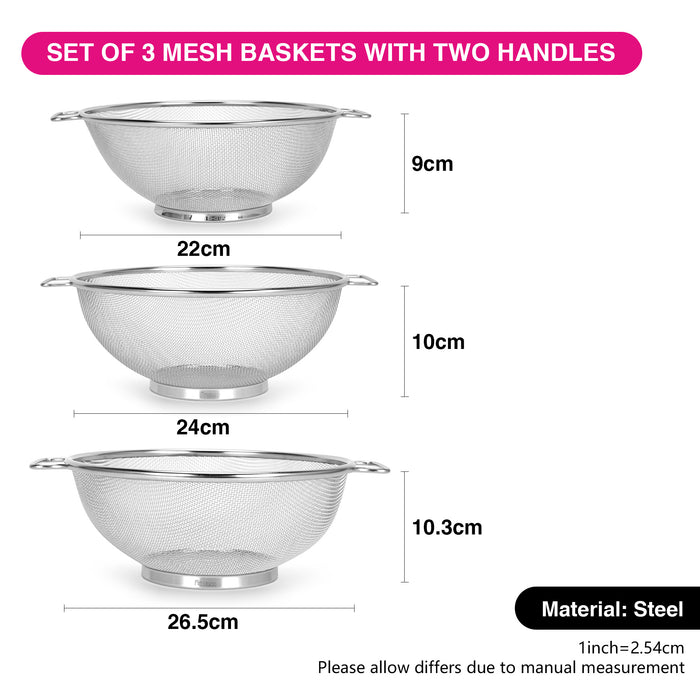 Strainer Sets with Resting Base - 22, 24, 26.5cm - Stainless Steel Colander Strainer with Handle