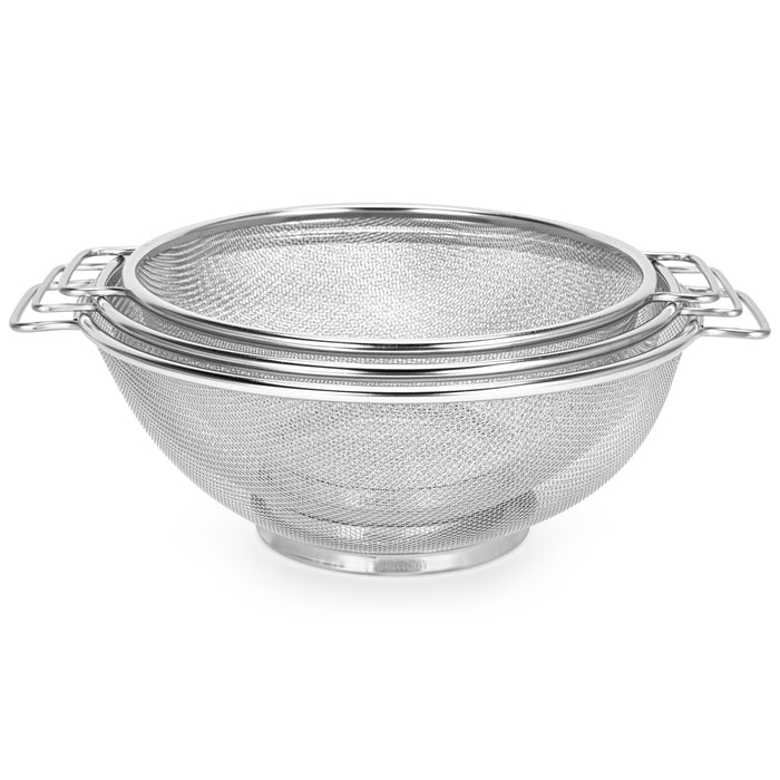 Strainer Sets with Resting Base - 22, 24, 26.5cm - Stainless Steel Colander Strainer with Handle