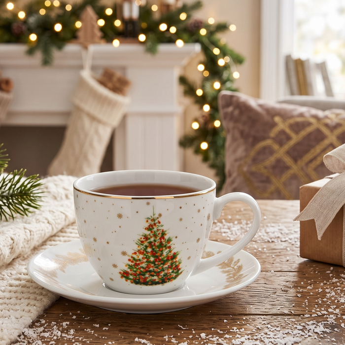2-Piece Cup And Saucer 260ml, Christmas-Themed Ceramic New Bone China Coffee Mug