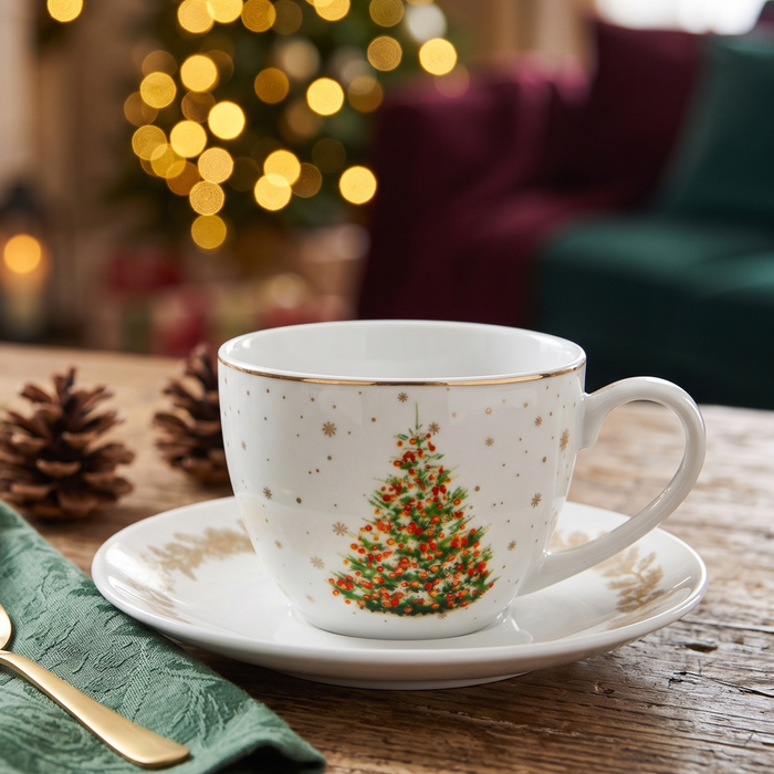 2-Piece Cup And Saucer 260ml, Christmas-Themed Ceramic New Bone China Coffee Mug