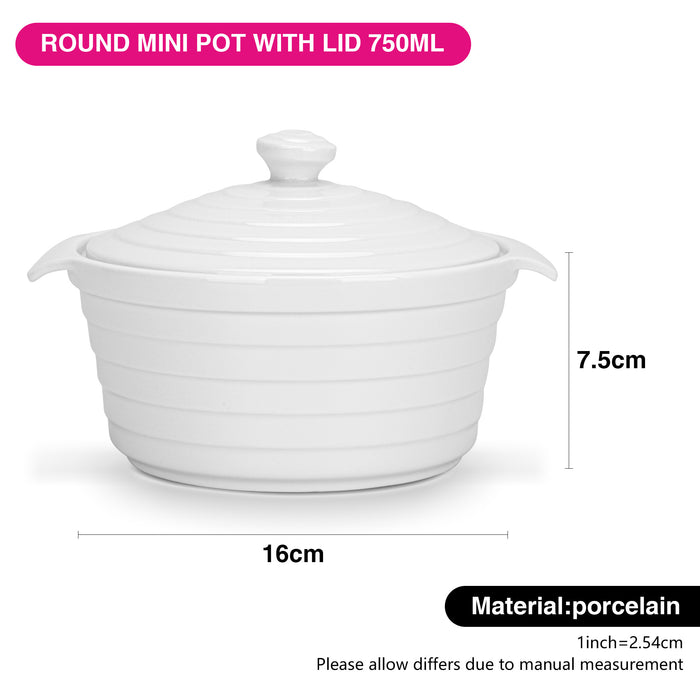 Round Mini Pot 750mL with Lid, Porcelain Mini Pot 16x7.5cm Horeca Series, upto 240°C Temperature Range, Microwave and Dishwasher Safe