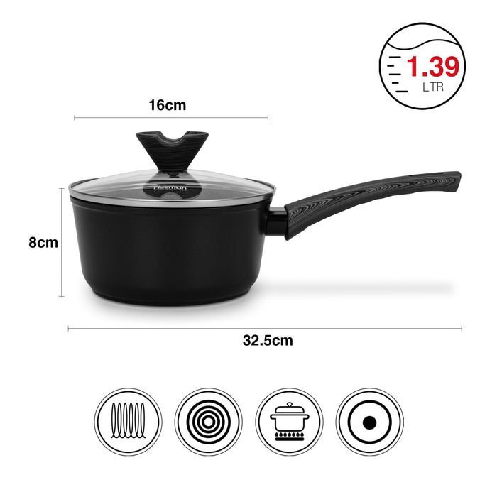 Sauce Pan Angela 16cm/1.39 LTR With Glass Lid Aluminium With Non-Stick Coating