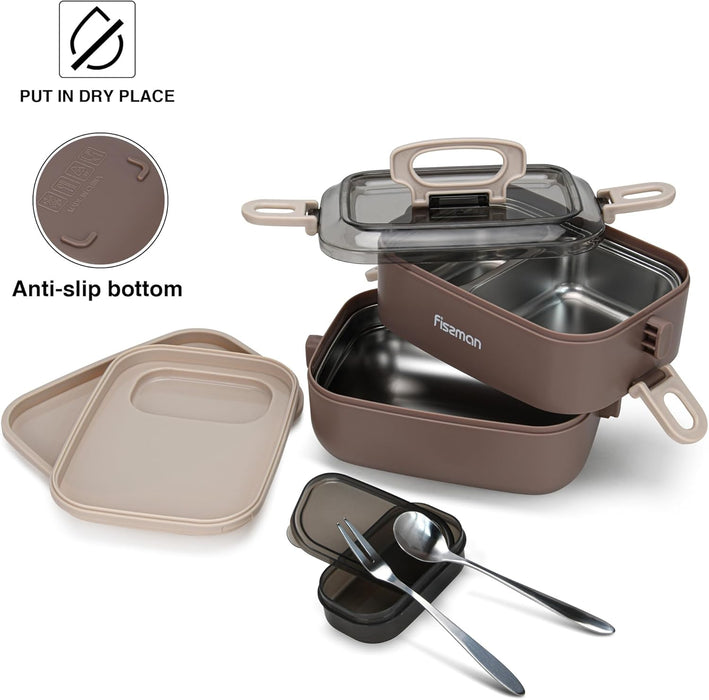 Double Deck Lunch Box 1.8L with Sauce Cup, Spoon and Fork Compartment