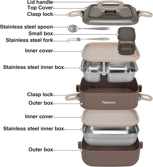 Double Deck Lunch Box 1.8L with Sauce Cup, Spoon and Fork Compartment