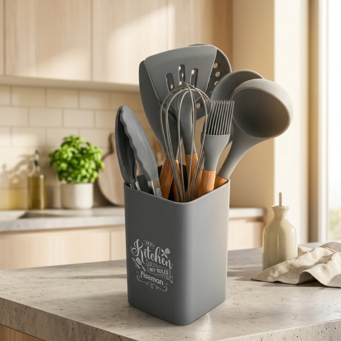 9-Piece Kitchen Utensil Set with Holder Rack, Silicone Cooking Kitchen Tool Set with Wooden Handle