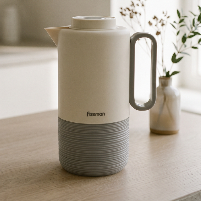 Vacuum Insulated Jug 1000mL, Insulated Flask, Modern Dallah, Plastic Body Case With  Glass Liner LIGHT GRAY
