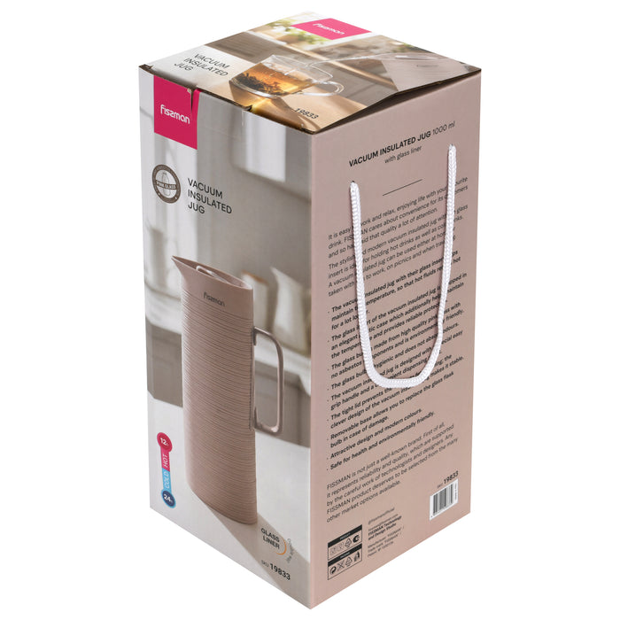 Vacuum Insulated Jug 1000mL, Insulated Flask, Modern Dallah, Plastic Body Case With  Glass Liner BEIGE