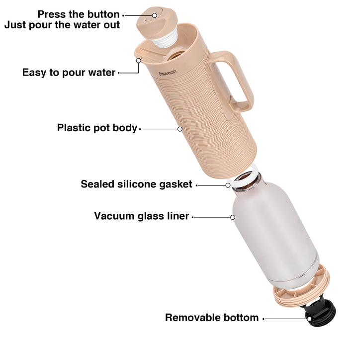 Vacuum Insulated Jug 1000mL, Insulated Flask, Modern Dallah, Plastic Body Case With  Glass Liner BEIGE