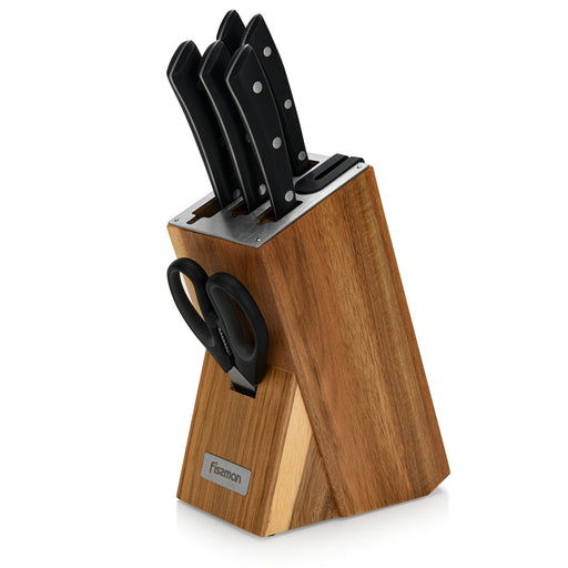 7-Piece Knife Set Weimar with Wooden Block with Built-In Sharpener, Chef Knife 20cm, Slicing Knife 20cm,Bread Knife 20cm,Utility Knife 13cm,Pairing Knife 9cm,MultiFunctional Scissor 20cm