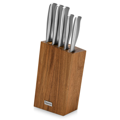 6-Piece Knife Set Nagatomi with Acacia Wooden Block X30Cr13 Steel, Chef Knife 20cm, Slicing Knife 20cm, Bread Knife 20cm, Utility Knife 13cm, Pairing Knife 9cm, Complete Set with Stand