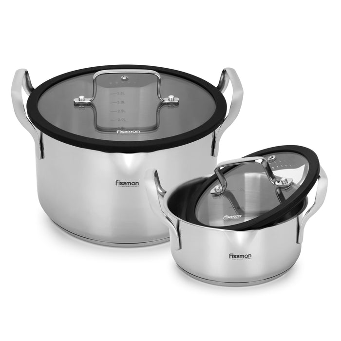 2-Piece Stockpot - 22cm/4.5L,16cm/1.4L - with Glass Lid, Stainless Steel Stockpot 4-Pieces Set Cookware Fabia Series