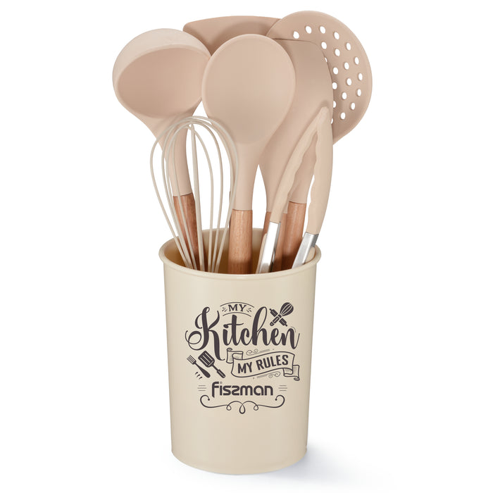 8-Piece Kitchen Tools Set, Silicone Cooking Utensils with Holder with Beech Wood Handle