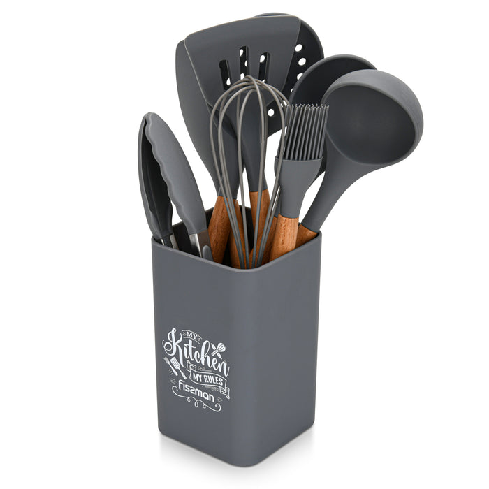 9-Piece Kitchen Utensil Set with Holder Rack, Silicone Cooking Kitchen Tool Set with Wooden Handle