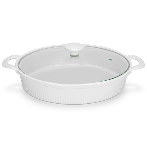 Oval Baking Dish with Glass Lid 1.6L, Porcelain Baking Dish with Handle 26.5cm