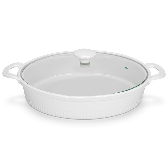 Oval Baking Dish with Glass Lid 1.6L, Porcelain Baking Dish with Handle 26.5cm