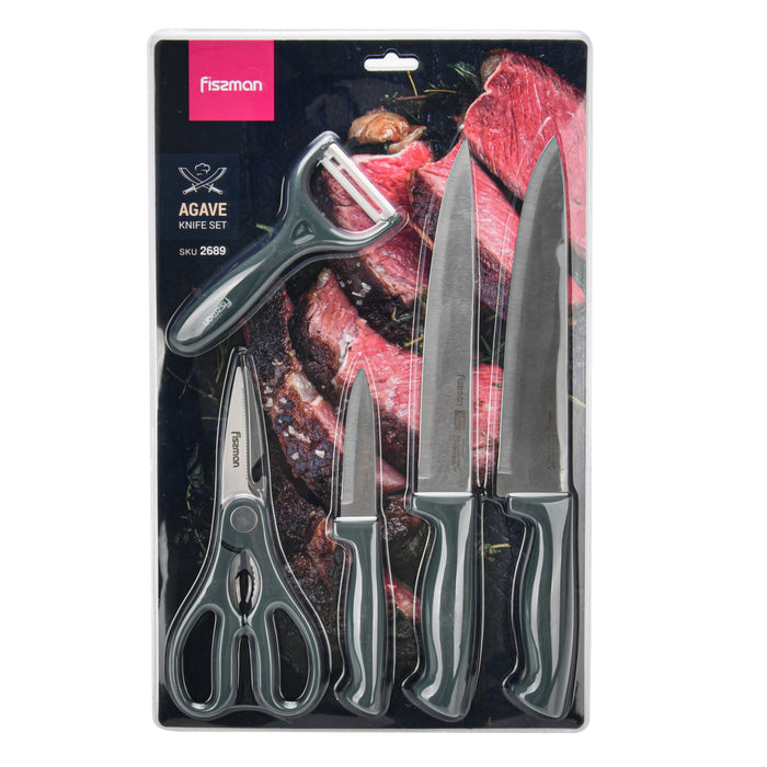 5-Piece Knife Set Agave 3cr13 Steel - 20cm Chef Knife, 20cm Slicer Knife, 9cm Paring Knife, Peeler, Multifunctional Scissor